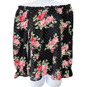 Paisley Raye Women's SZ S NWT Peasant Top Roses on Black w/ White Polka Dots‎